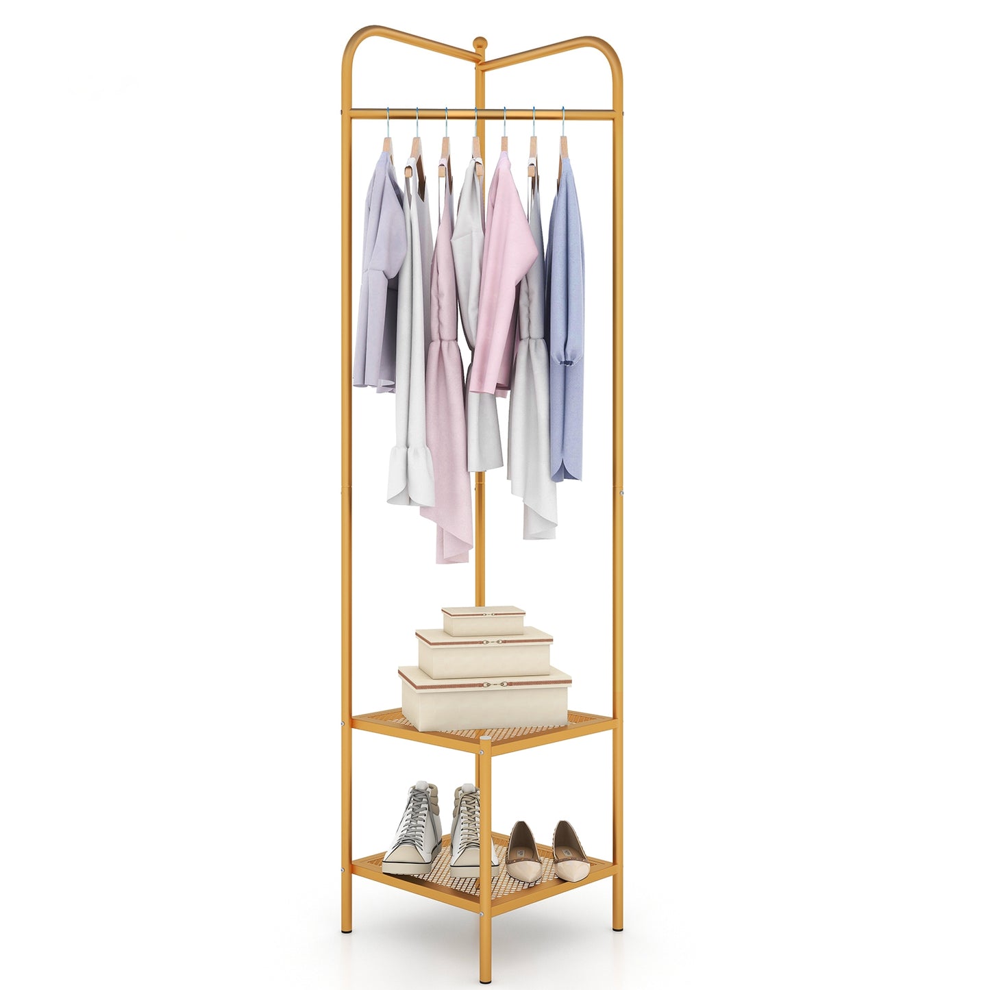 Corner Coat Rack with Top Hanger and 2 Mesh Shelves for Entryway Hallway Living Room Bedroom, Golden Coat Racks & Hall Trees at Gallery Canada