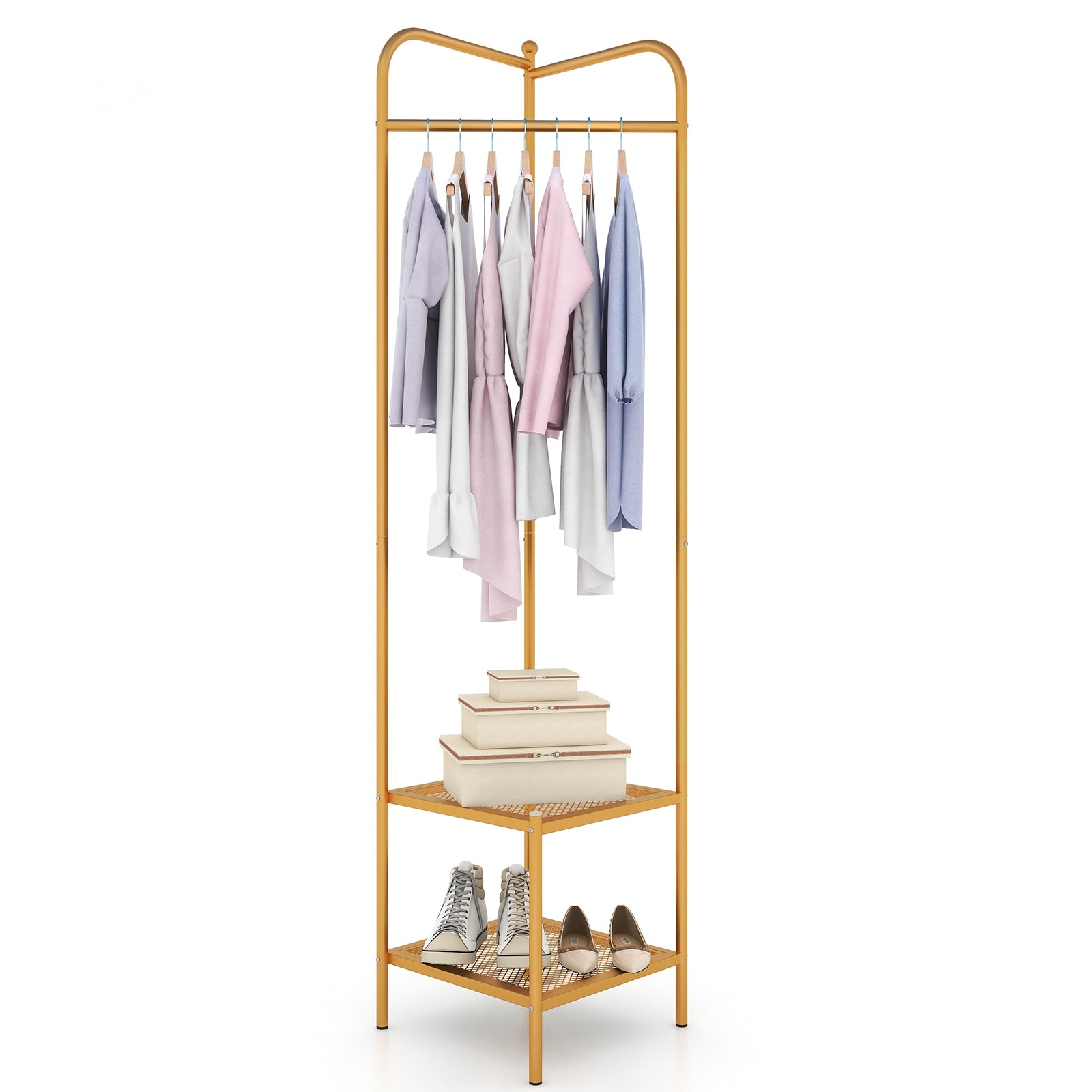 Corner Coat Rack with Top Hanger and 2 Mesh Shelves for Entryway Hallway Living Room Bedroom, Golden Coat Racks & Hall Trees at Gallery Canada