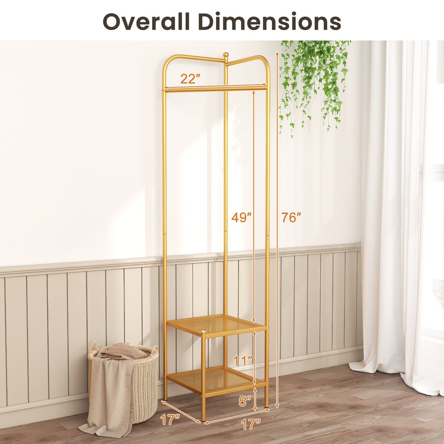 Corner Coat Rack with Top Hanger and 2 Mesh Shelves for Entryway Hallway Living Room Bedroom, Golden Coat Racks & Hall Trees at Gallery Canada