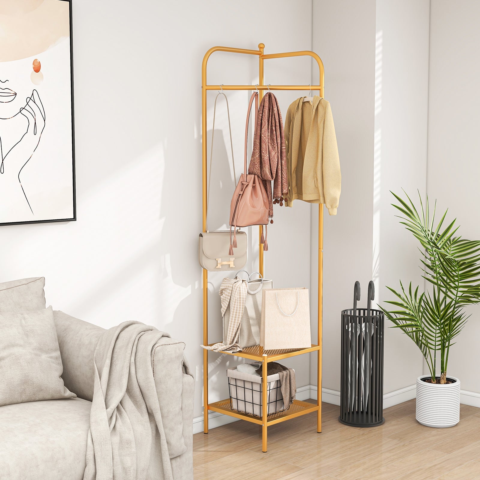 Corner Coat Rack with Top Hanger and 2 Mesh Shelves for Entryway Hallway Living Room Bedroom, Golden Coat Racks & Hall Trees at Gallery Canada