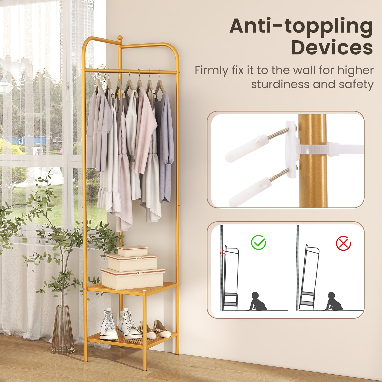 Corner Coat Rack with Top Hanger and 2 Mesh Shelves for Entryway Hallway Living Room Bedroom, Golden Coat Racks & Hall Trees at Gallery Canada