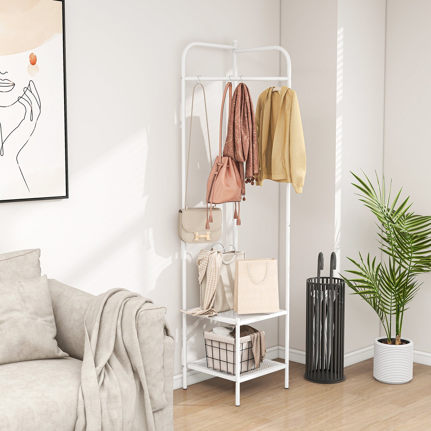 Corner Coat Rack with Top Hanger and 2 Mesh Shelves for Entryway Hallway Living Room Bedroom, White Coat Racks & Hall Trees at Gallery Canada