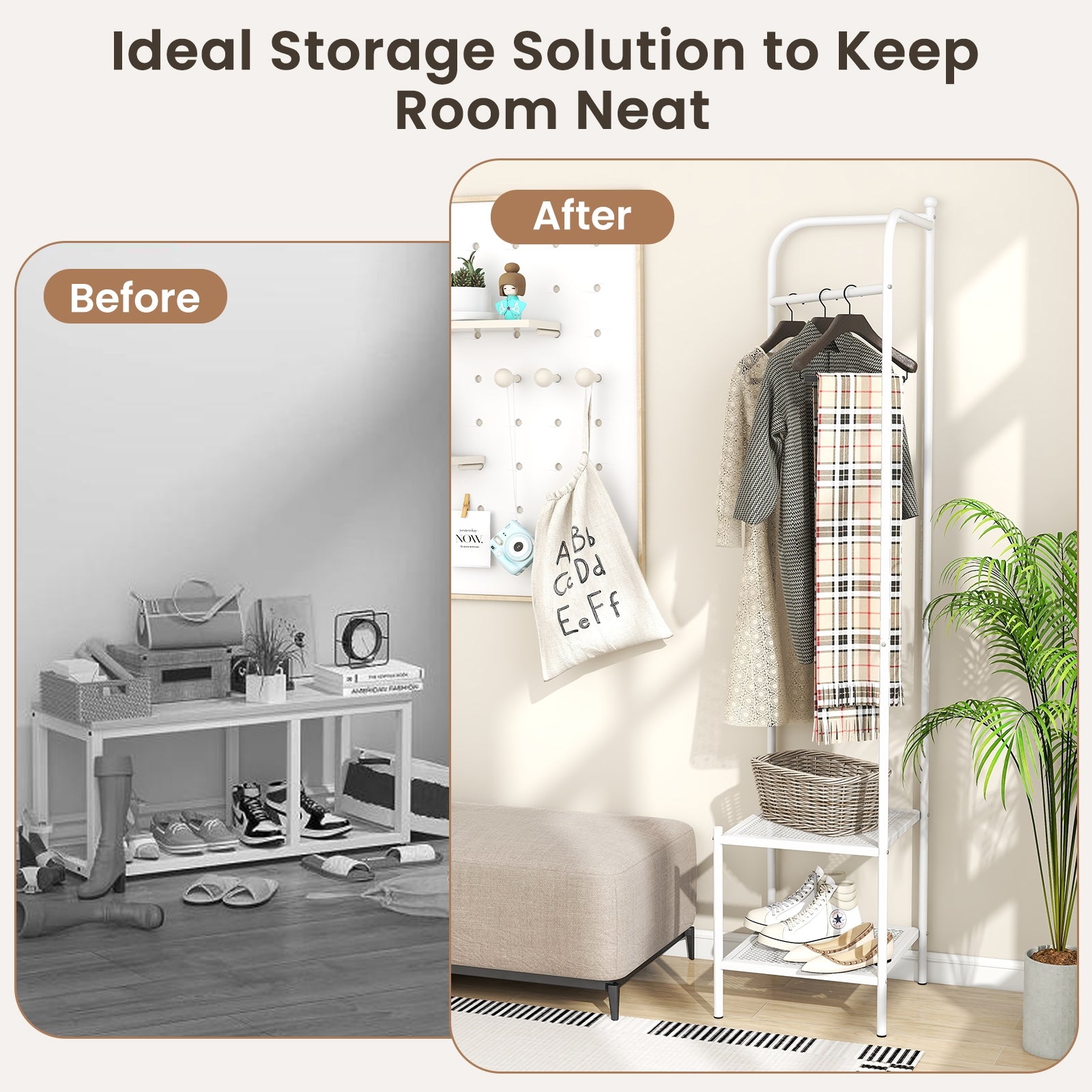 Corner Coat Rack with Top Hanger and 2 Mesh Shelves for Entryway Hallway Living Room Bedroom, White Coat Racks & Hall Trees at Gallery Canada