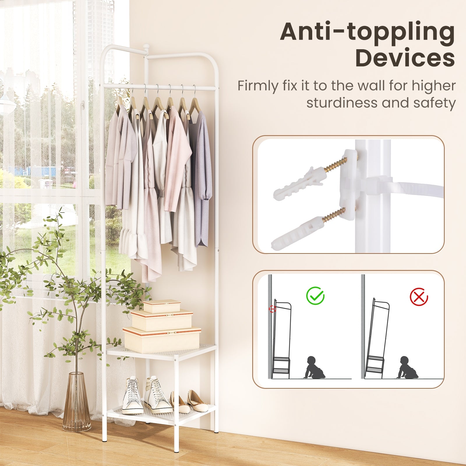 Corner Coat Rack with Top Hanger and 2 Mesh Shelves for Entryway Hallway Living Room Bedroom, White Coat Racks & Hall Trees at Gallery Canada