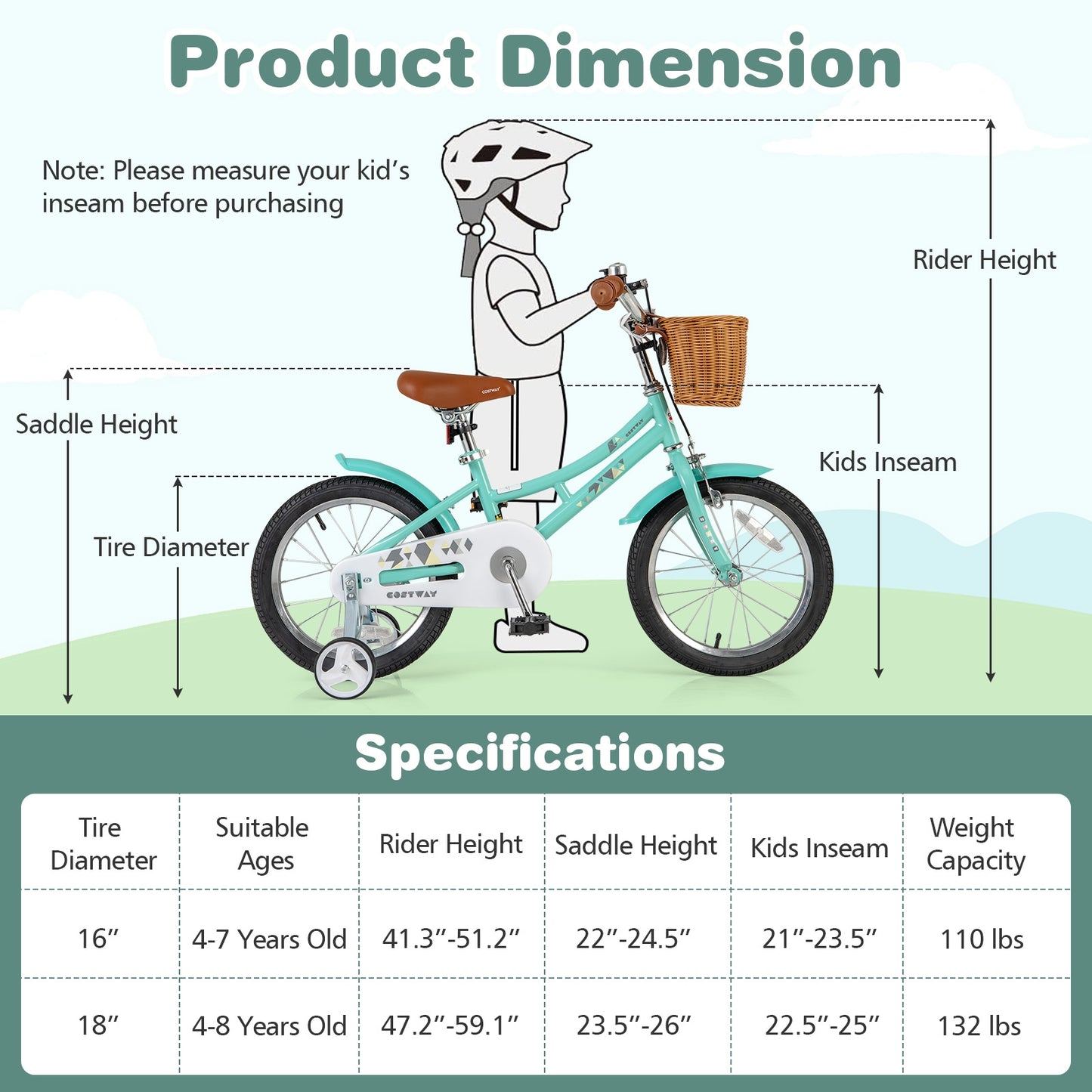 16 Inch Kids Bike Bicycle with Training Wheels and 2 Brake System Ages 4-7 Years Old-16 inches, Green Kids Bike at Gallery Canada