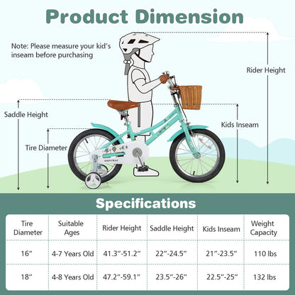 16 Inch Kids Bike Bicycle with Training Wheels and 2 Brake System Ages 4-7 Years Old-16 inches, Green Kids Bike at Gallery Canada