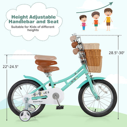 16 Inch Kids Bike Bicycle with Training Wheels and 2 Brake System Ages 4-7 Years Old-16 inches, Green Kids Bike at Gallery Canada