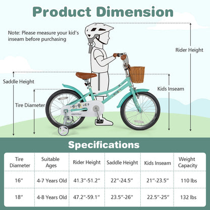 18 Inch Kids Bike Bicycle with Training Wheels and 2 Brake System Ages 4-8 Years Old-18 inches, Green Kids Bike at Gallery Canada