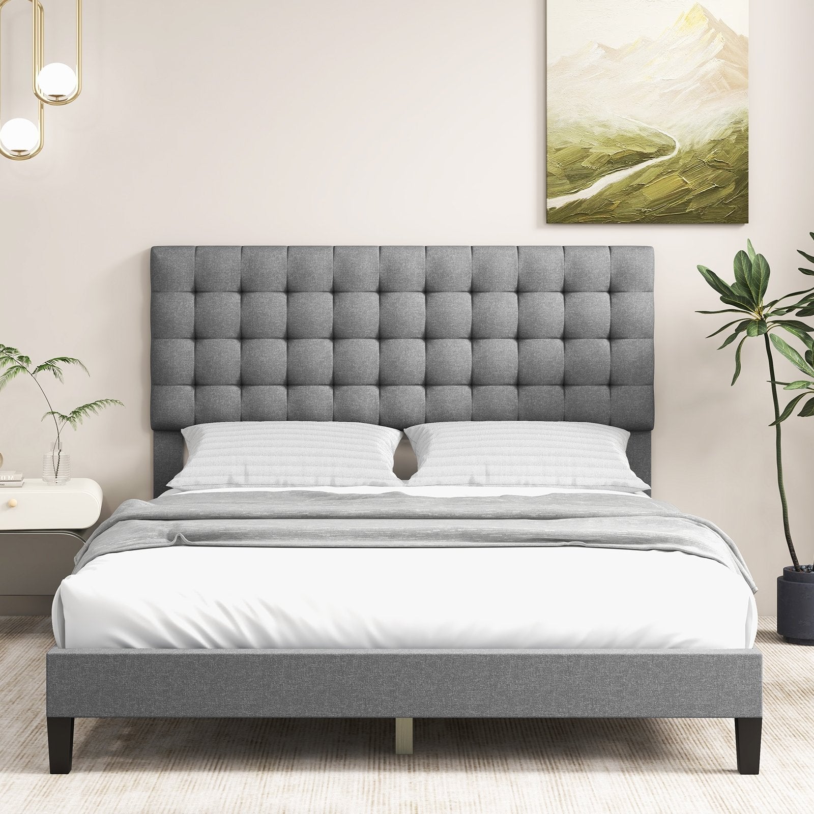 Queen Size Upholstered Platform Bed with Square Stitched Headboard Beds & Bed Frames at Gallery Canada