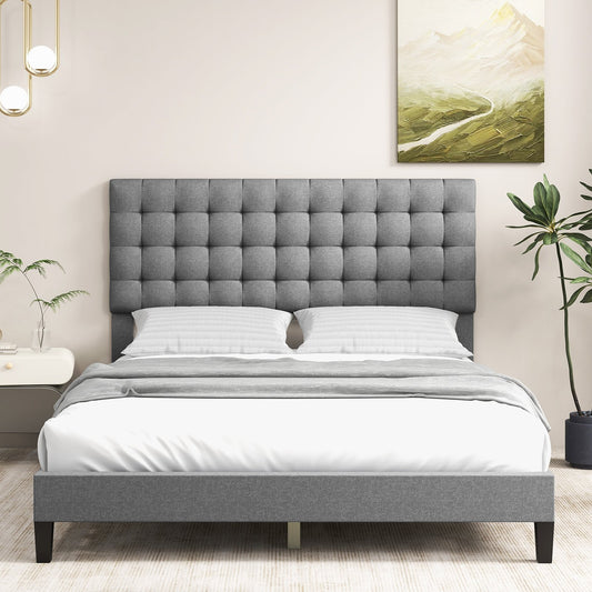 Queen Size Upholstered Platform Bed with Square Stitched Headboard - Gallery Canada
