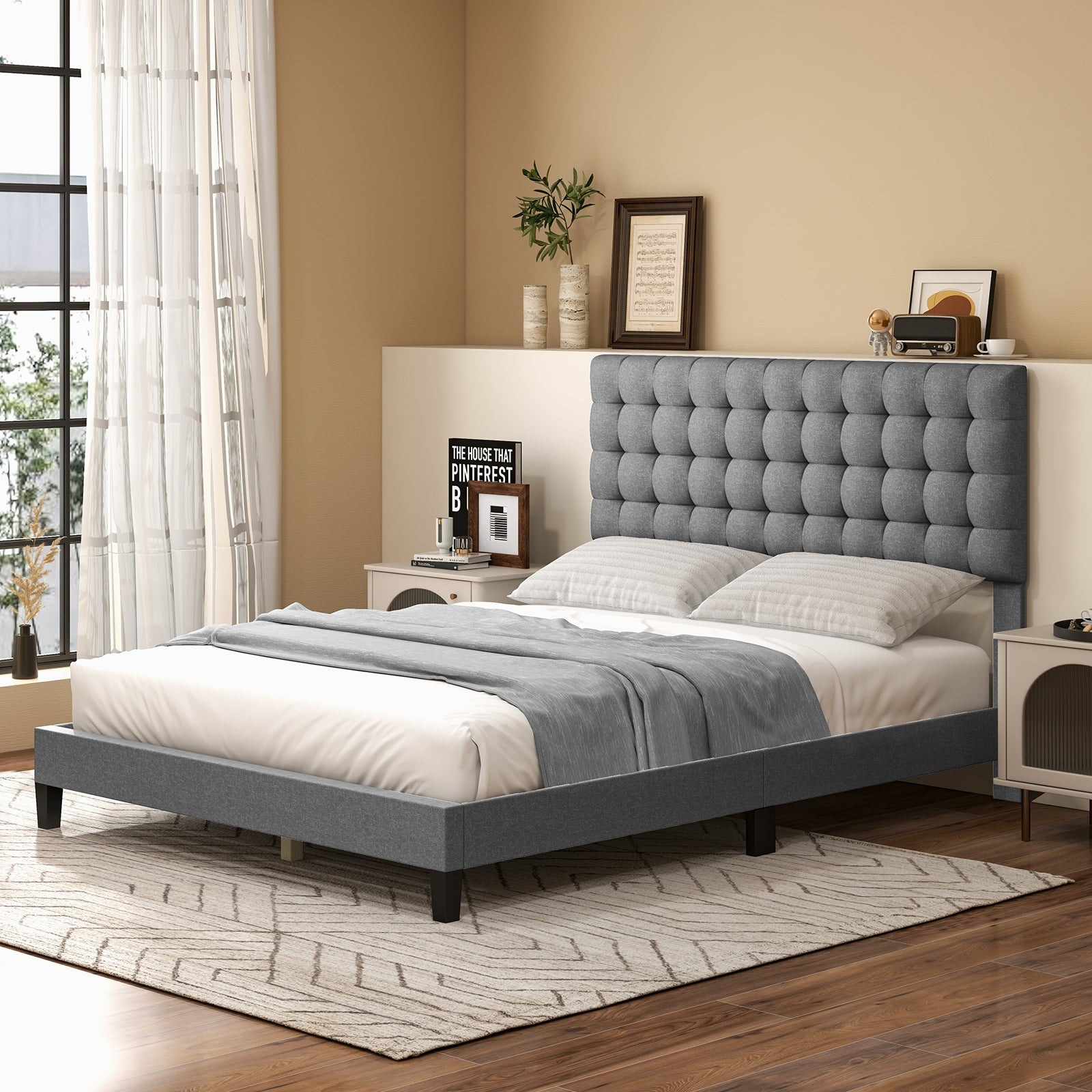 Queen Size Upholstered Platform Bed with Square Stitched Headboard Beds & Bed Frames at Gallery Canada