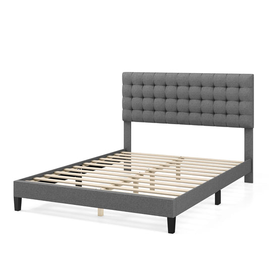 Queen Size Upholstered Platform Bed, Square Stitched Headboard