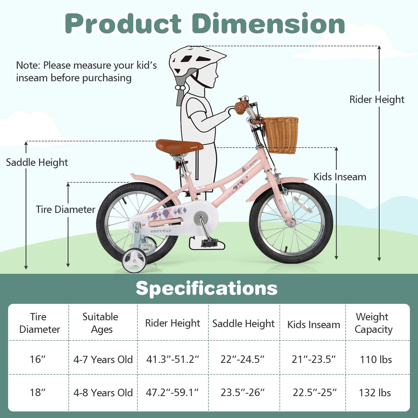 16 Inch Kids Bike Retro Bicycle with Adjustable Height and Basket for Ages 4-7 Years Old-16 inches, Pink Kids Bike at Gallery Canada