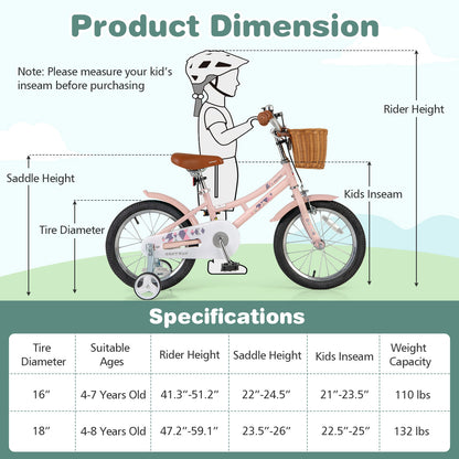 16 Inch Kids Bike Retro Bicycle with Adjustable Height and Basket for Ages 4-7 Years Old-16 inches, Pink Kids Bike at Gallery Canada