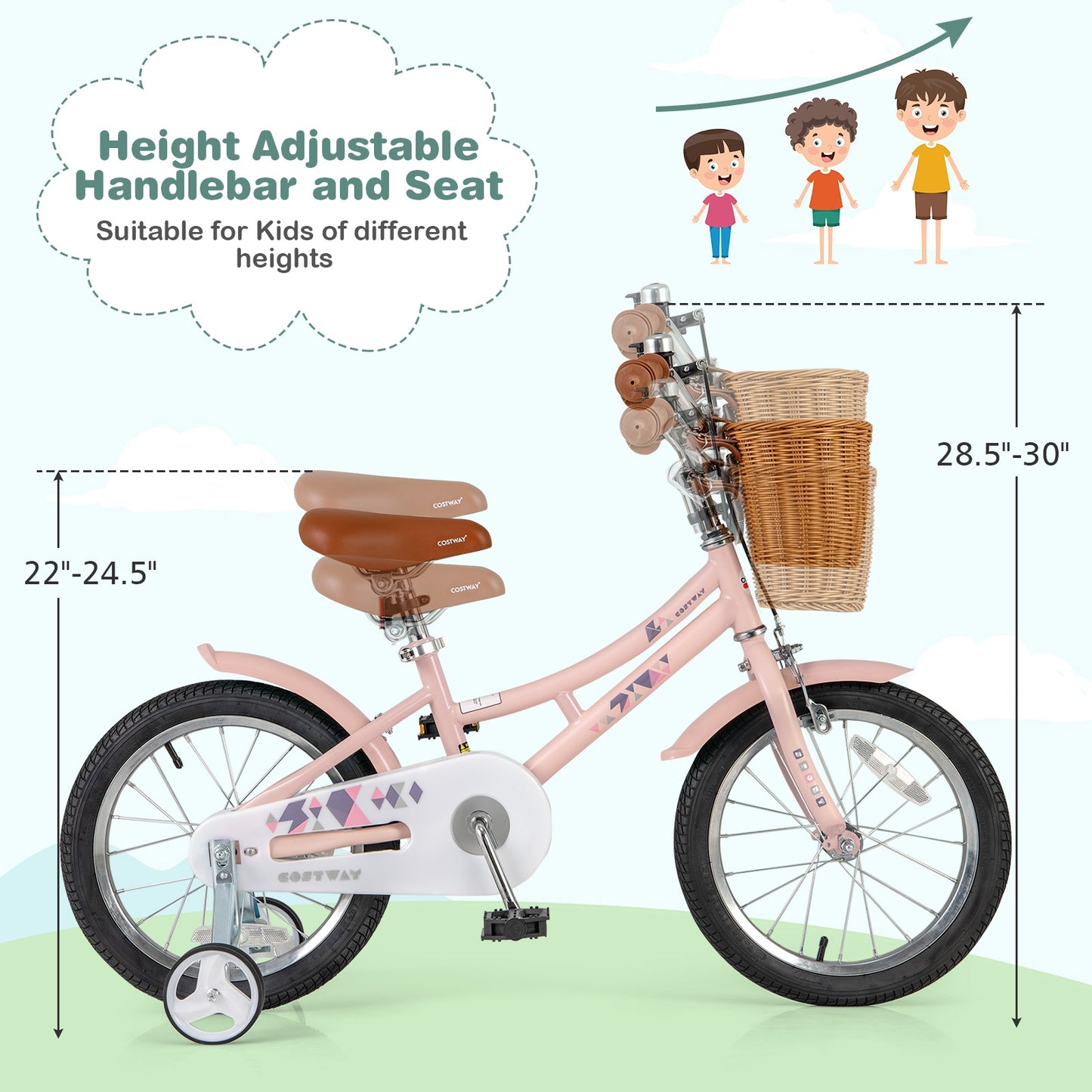 16 Inch Kids Bike Retro Bicycle with Adjustable Height and Basket for Ages 4-7 Years Old-16 inches, Pink Kids Bike at Gallery Canada