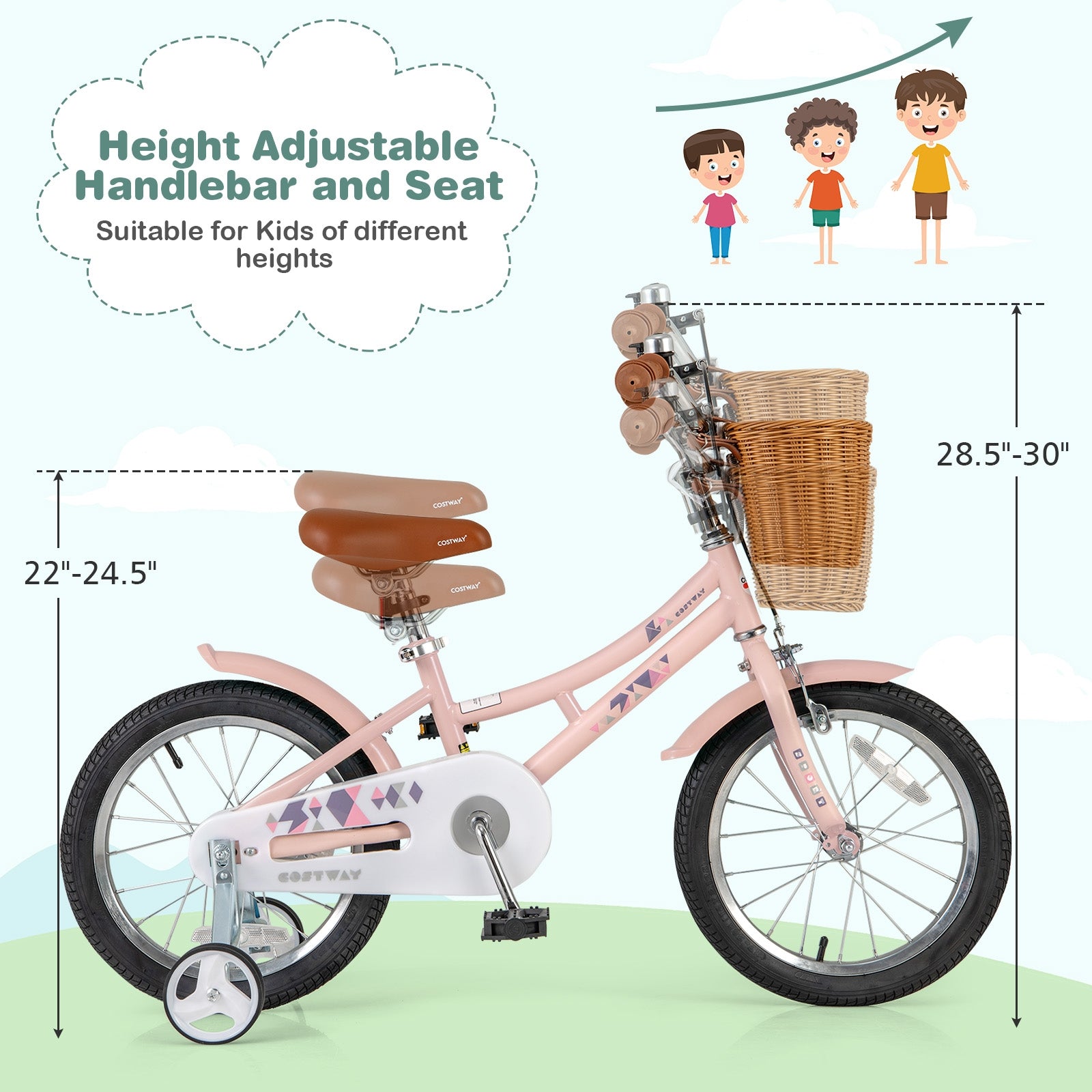 16 Inch Kids Bike Retro Bicycle with Adjustable Height and Basket for Ages 4-7 Years Old-16 inches, Pink Kids Bike at Gallery Canada
