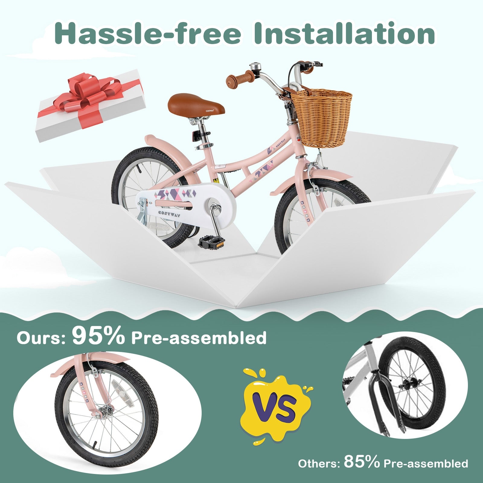 16 Inch Kids Bike Retro Bicycle with Adjustable Height and Basket for Ages 4-7 Years Old-16 inches, Pink Kids Bike at Gallery Canada