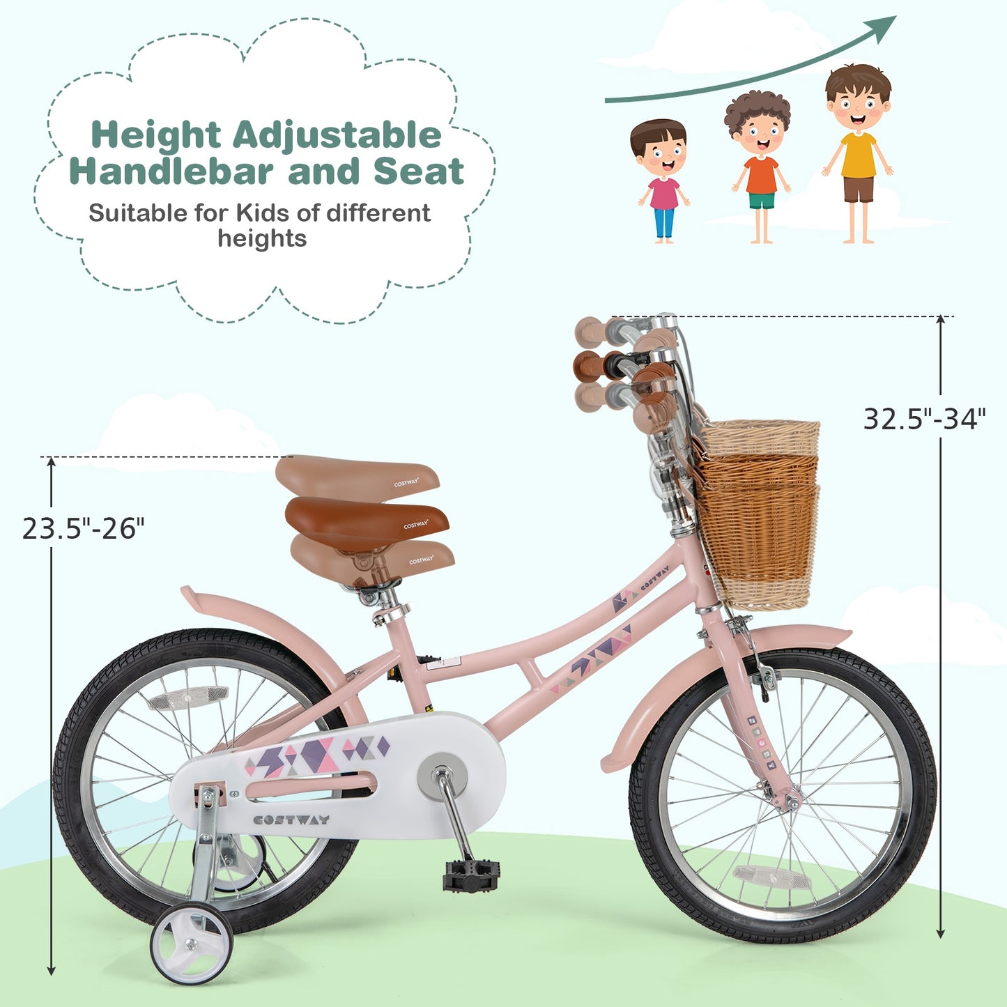18 Inch Kids Retro Bike, Adjustable Height, Basket, Pink Kids Bike at Gallery Canada