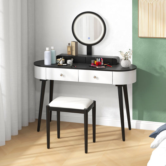 Makeup Vanity Table Set with LED Mirror and 3 Spacious Drawers-White-Dark Wood, White-Dark Wood - Gallery Canada
