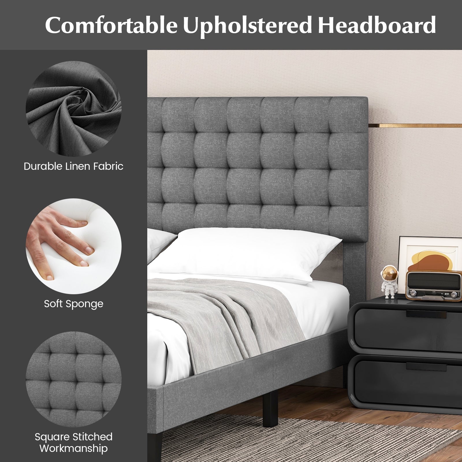 Queen Size Upholstered Platform Bed with Square Stitched Headboard Beds & Bed Frames at Gallery Canada