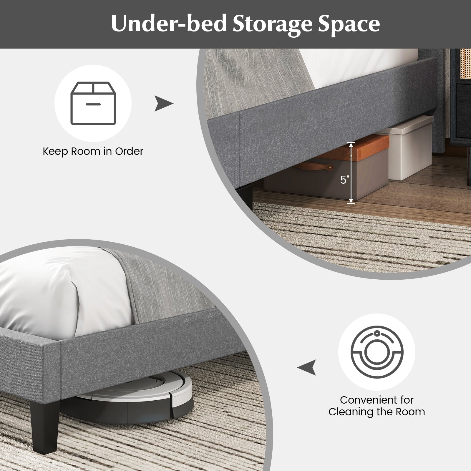 Queen Size Upholstered Platform Bed with Square Stitched Headboard Beds & Bed Frames at Gallery Canada