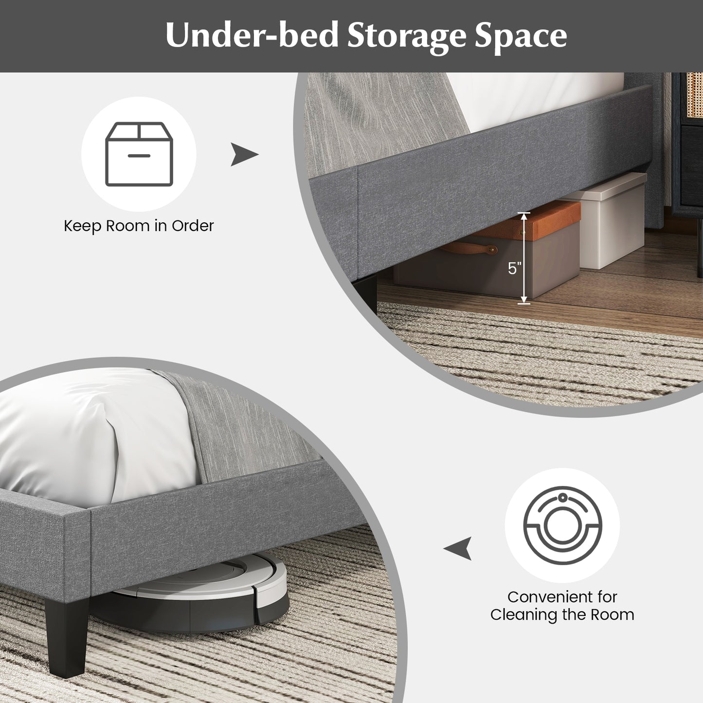 Queen Size Upholstered Platform Bed with Square Stitched Headboard Beds & Bed Frames at Gallery Canada