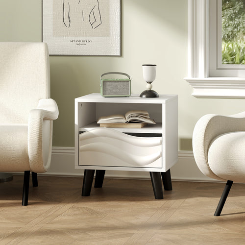 Nightstand Mid Century Modern Bedside Table with 3D Wavy Pattern and Open Shelf, White