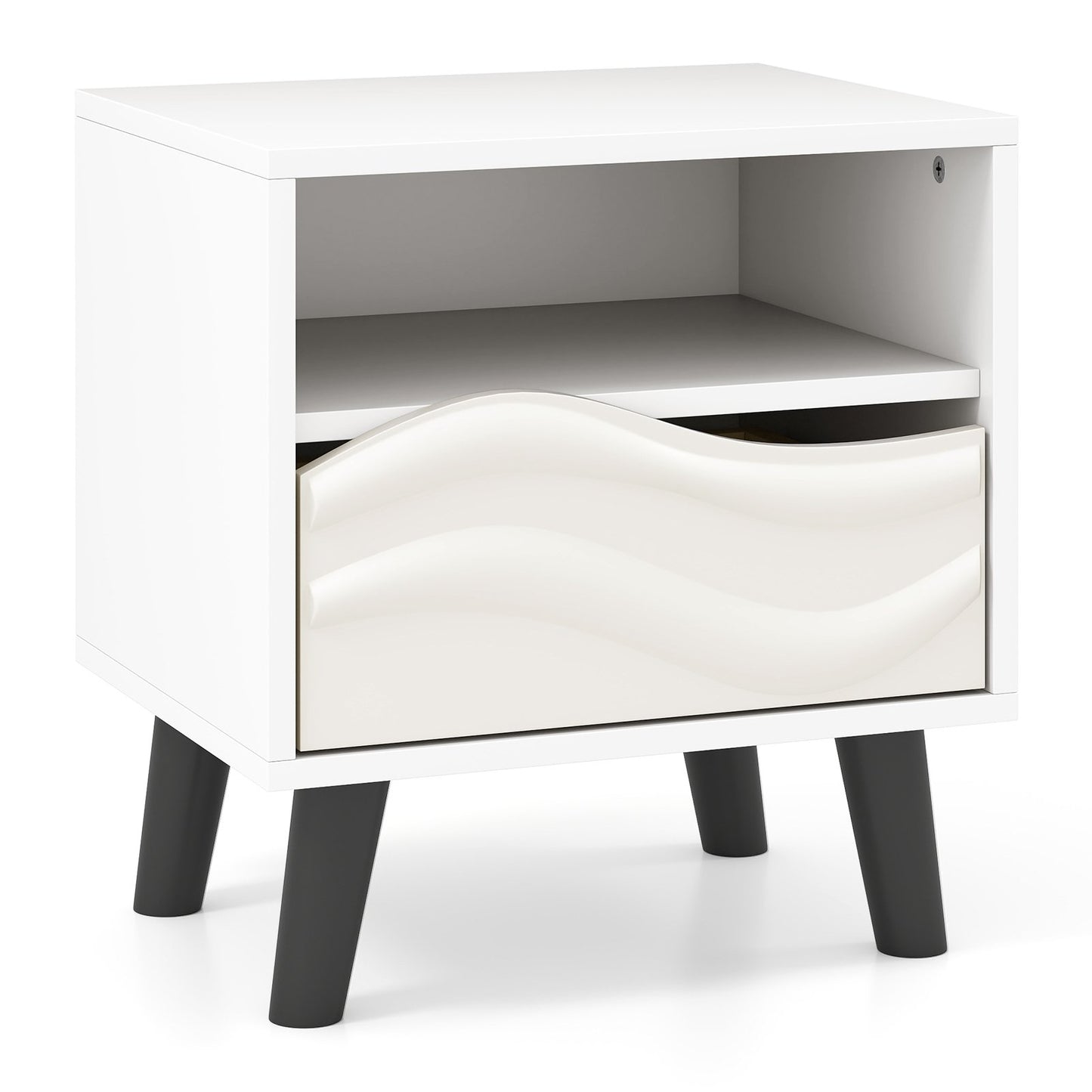Nightstand Mid Century Modern Bedside Table with 3D Wavy Pattern and Open Shelf, White Nightstands White at Gallery Canada