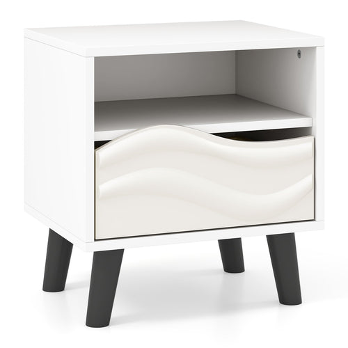 Nightstand Mid Century Modern Bedside Table with 3D Wavy Pattern and Open Shelf, White