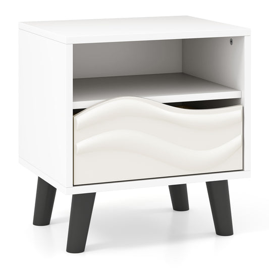 Mid Century Modern Nightstand, 3D Wavy Pattern, Open Shelf, White Nightstands White at Gallery Canada