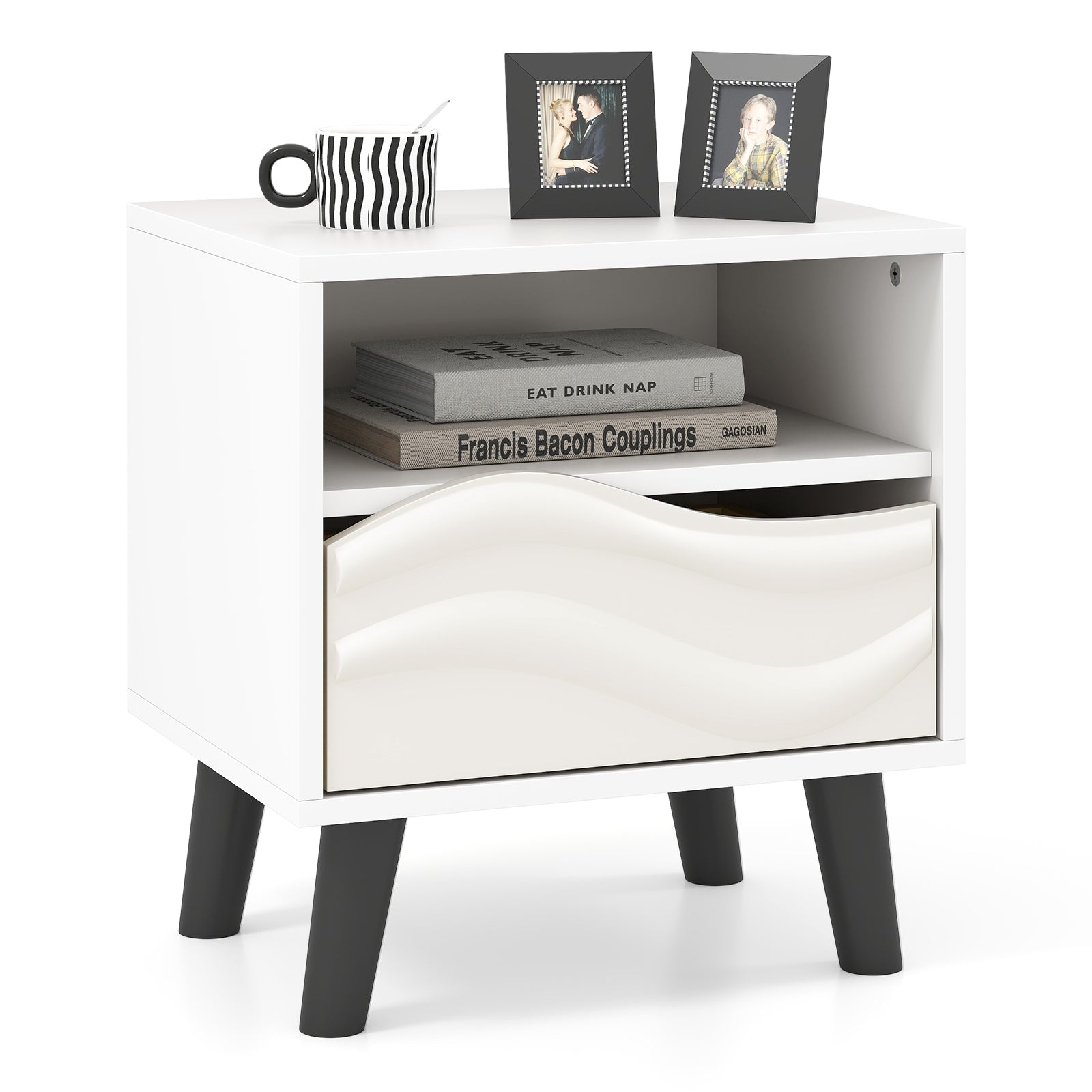 Nightstand Mid Century Modern Bedside Table with 3D Wavy Pattern and Open Shelf, White Nightstands at Gallery Canada