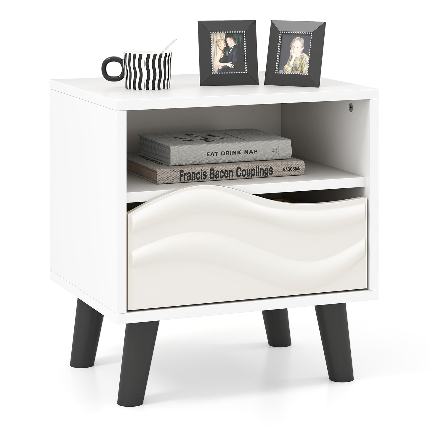 Nightstand Mid Century Modern Bedside Table with 3D Wavy Pattern and Open Shelf, White Nightstands at Gallery Canada