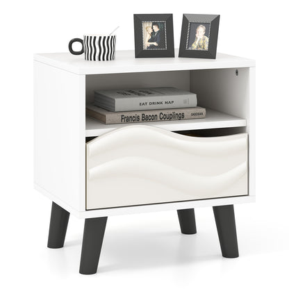 Nightstand Mid Century Modern Bedside Table with 3D Wavy Pattern and Open Shelf, White Nightstands at Gallery Canada