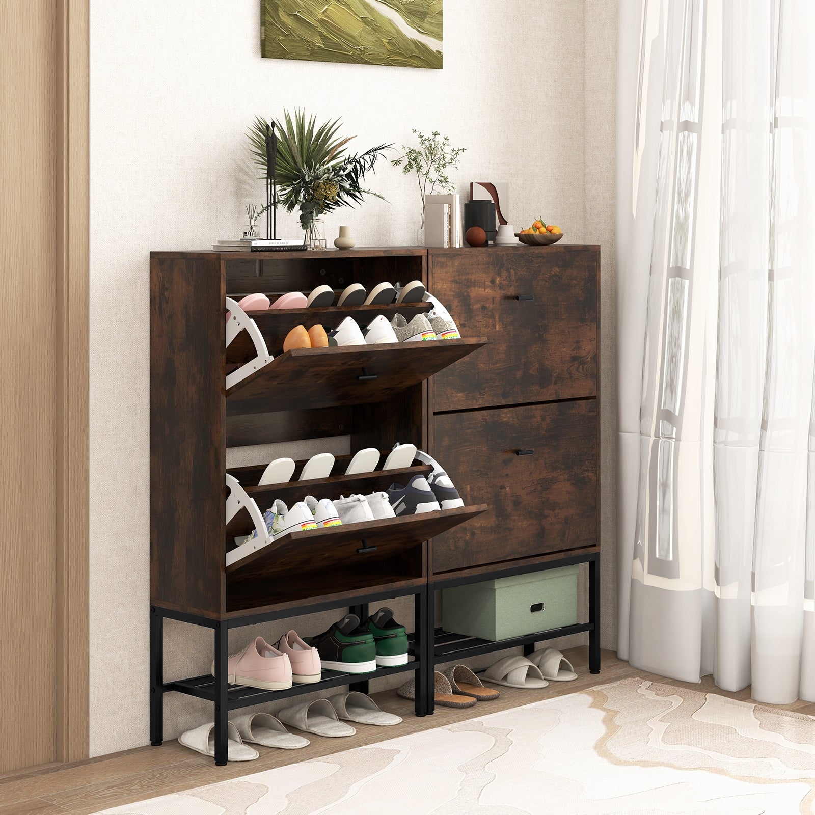 Industrial Shoe Storage Cabinet with 2 Flip Drawers and 1 Bottom Metal Shelf, Brown Shoe Racks & Storage Benches at Gallery Canada