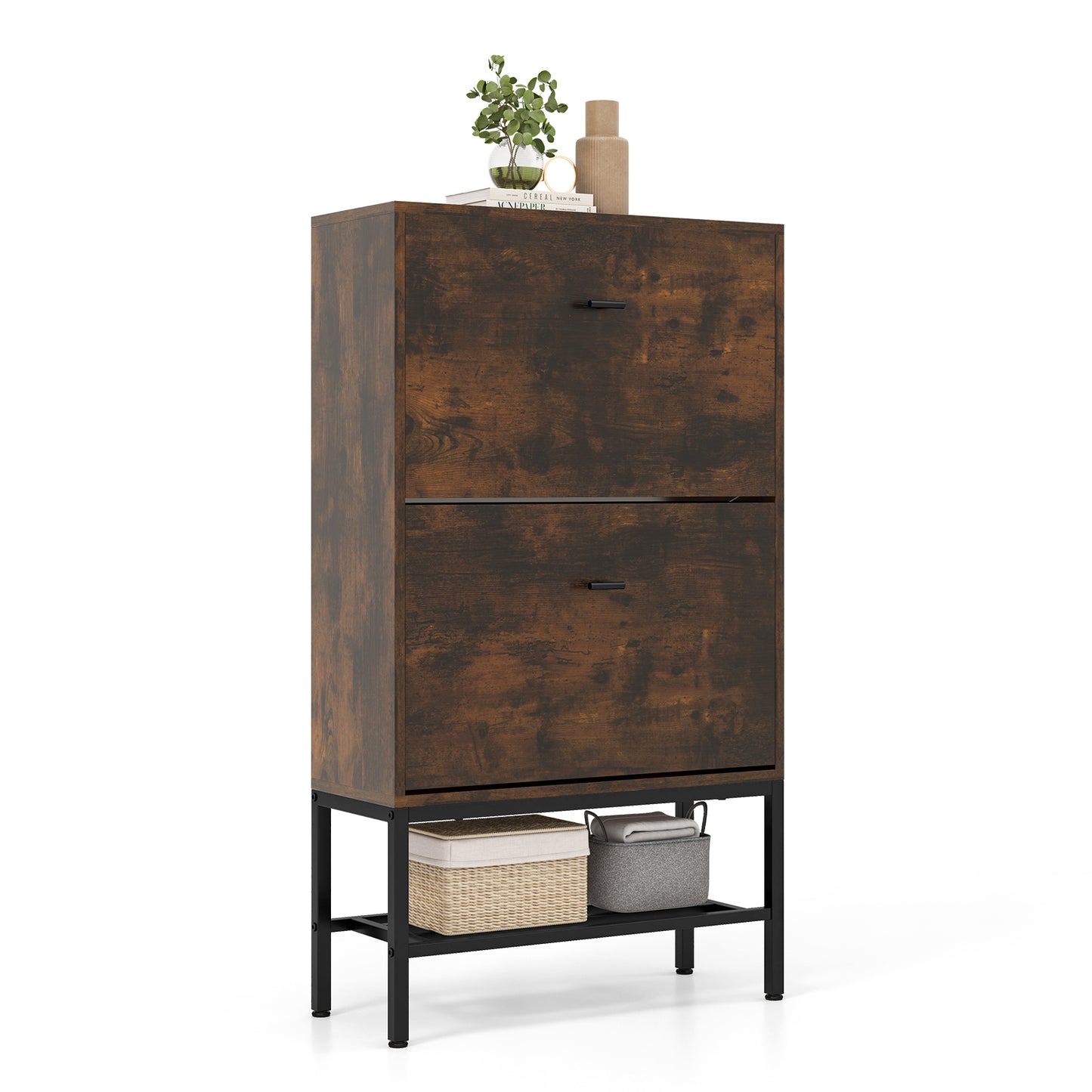 Industrial Shoe Storage Cabinet with 2 Flip Drawers and 1 Bottom Metal Shelf, Brown Shoe Racks & Storage Benches Brown at Gallery Canada