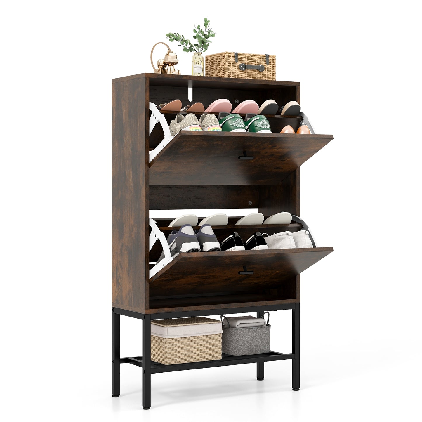 Industrial Shoe Storage Cabinet with 2 Flip Drawers and 1 Bottom Metal Shelf, Brown Shoe Racks & Storage Benches at Gallery Canada