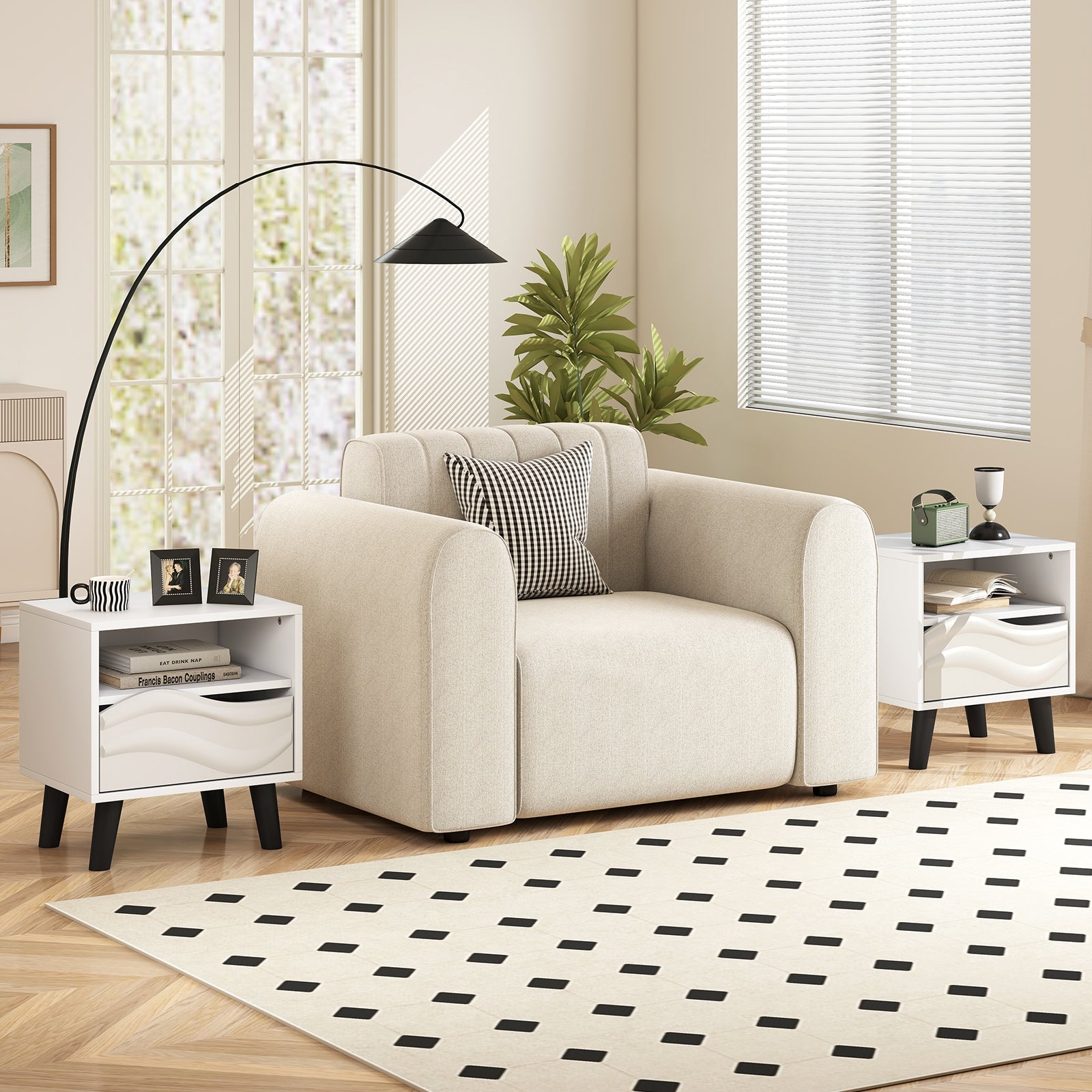 Nightstand Mid Century Modern Bedside Table with 3D Wavy Pattern and Open Shelf, White Nightstands at Gallery Canada