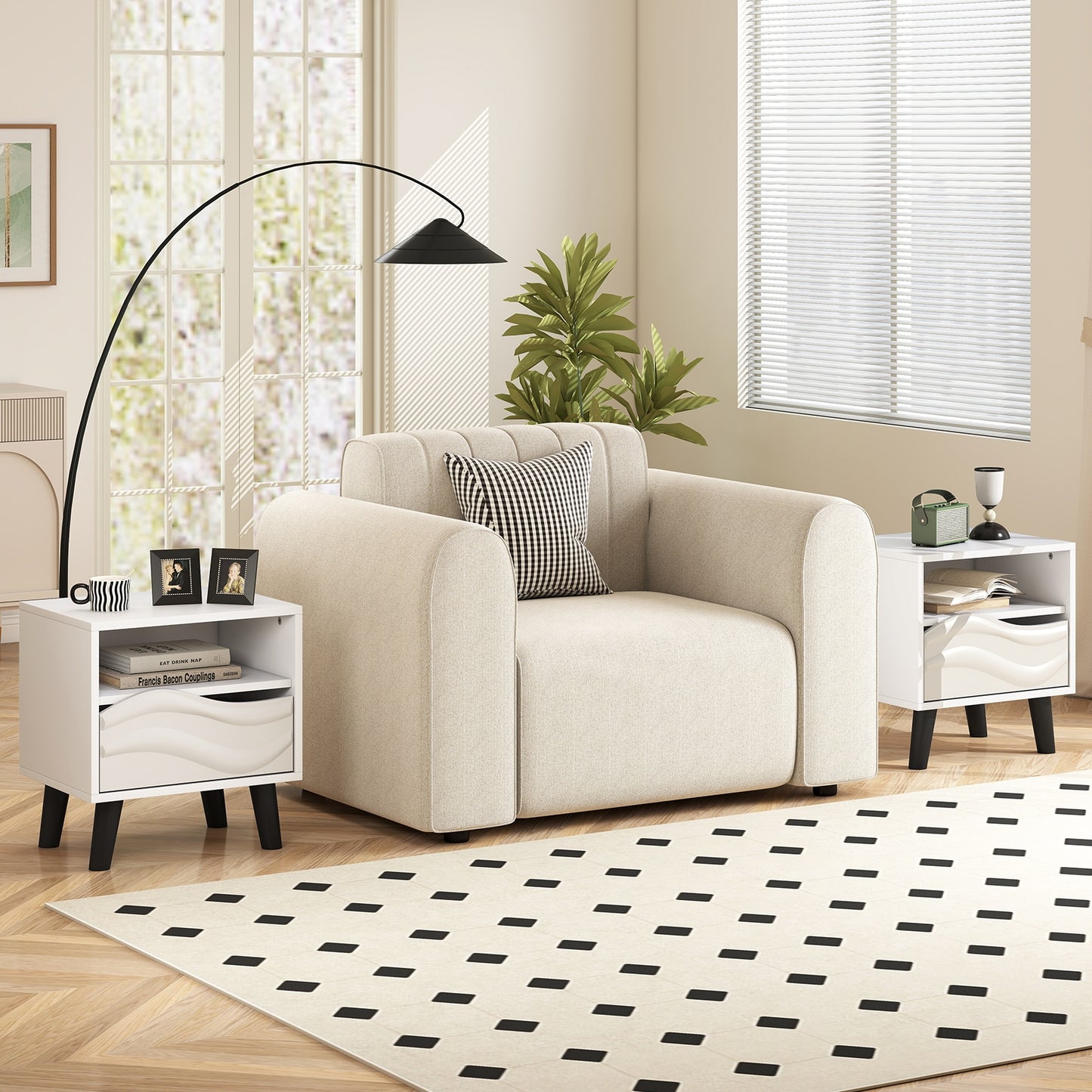 Nightstand Mid Century Modern Bedside Table with 3D Wavy Pattern and Open Shelf, White Nightstands at Gallery Canada