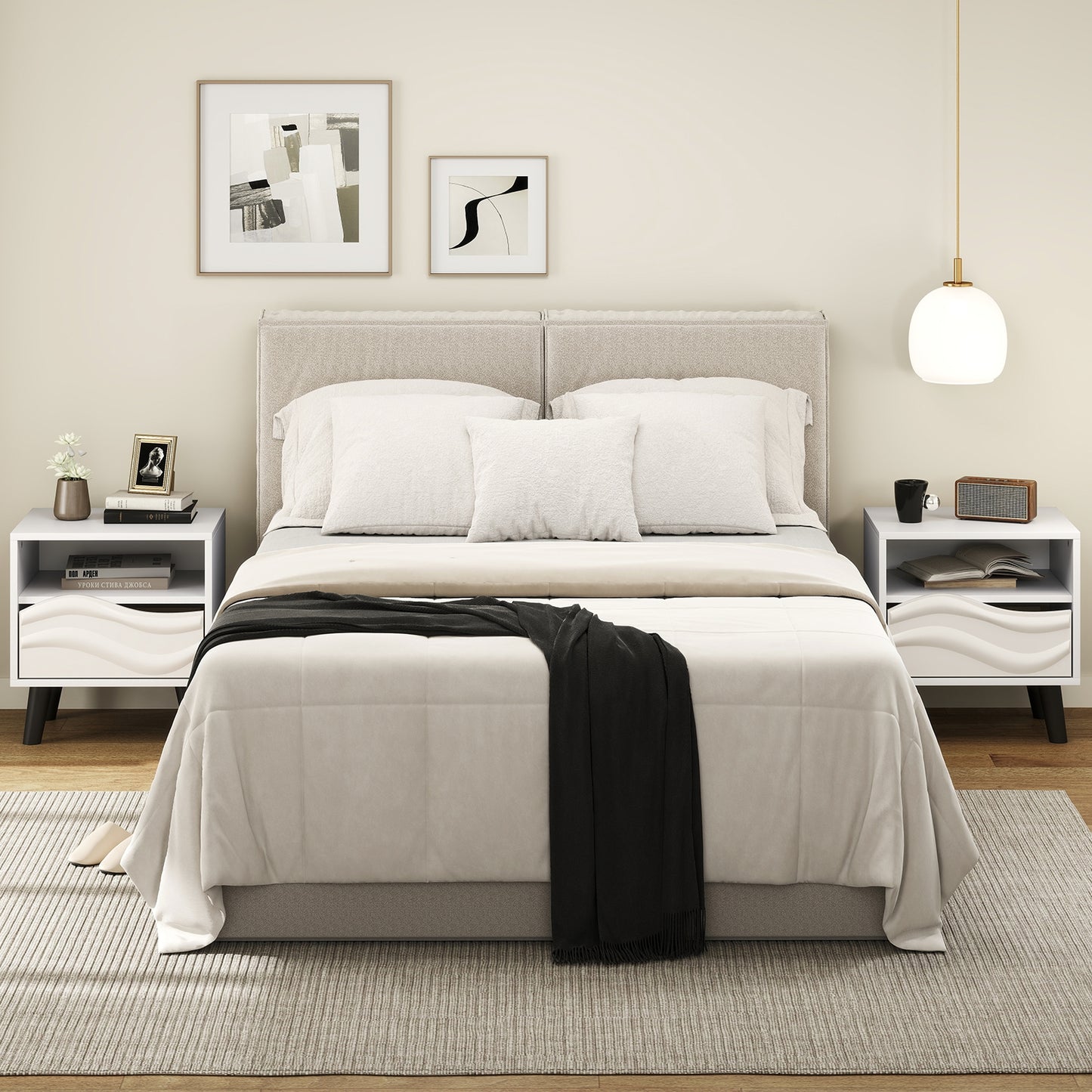 Nightstand Mid Century Modern Bedside Table with 3D Wavy Pattern and Open Shelf, White Nightstands at Gallery Canada