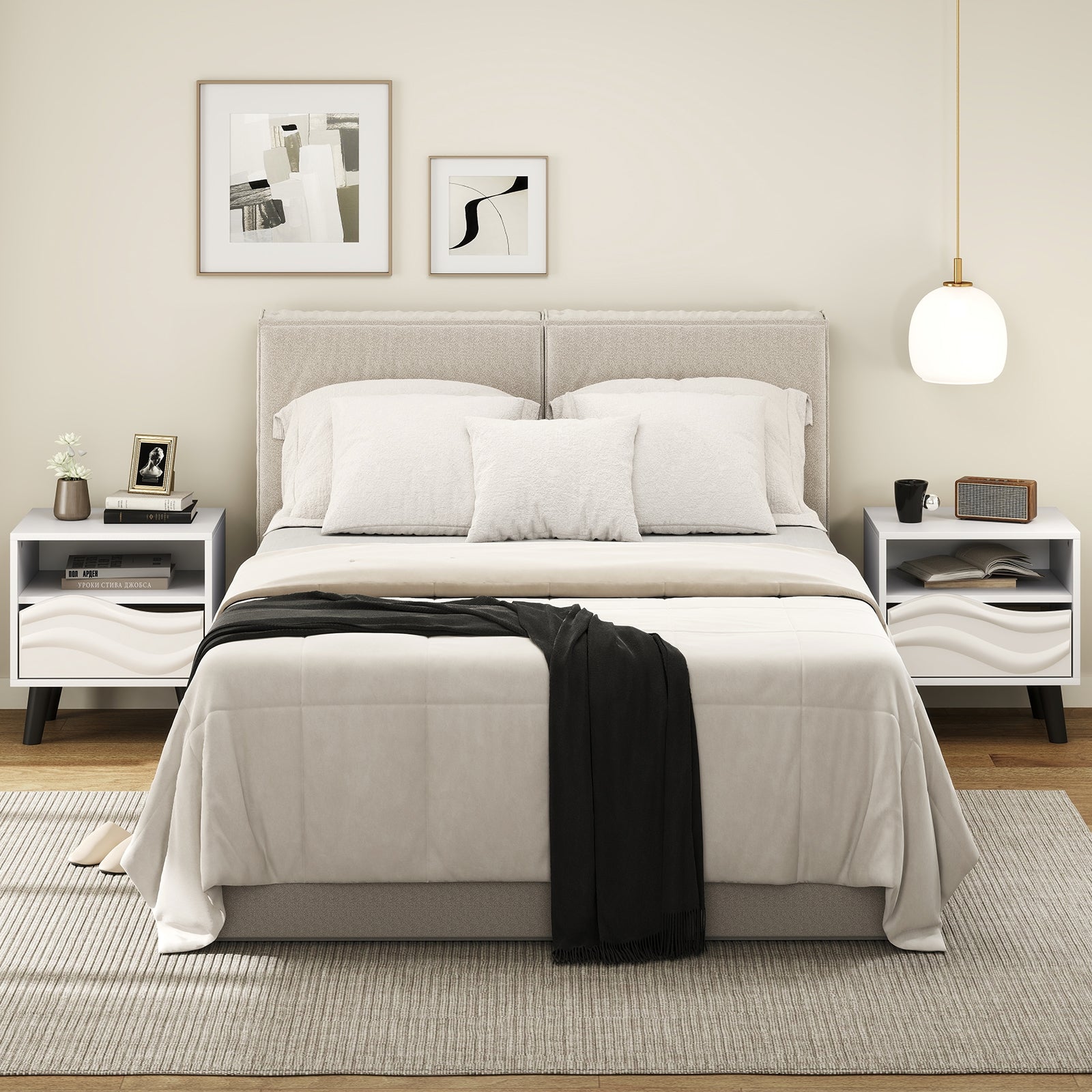 Nightstand Mid Century Modern Bedside Table with 3D Wavy Pattern and Open Shelf, White Nightstands at Gallery Canada