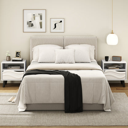 Nightstand Mid Century Modern Bedside Table with 3D Wavy Pattern and Open Shelf, White Nightstands at Gallery Canada