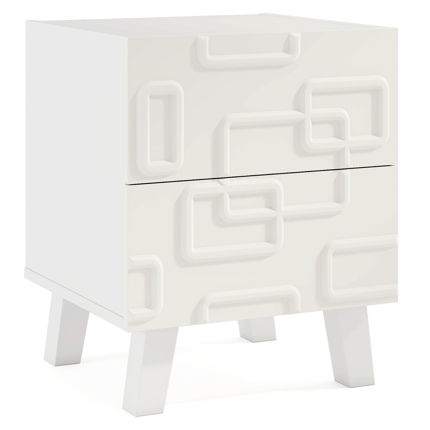 Modern Nightstand Side Table with Drawers and 3D Geometric Patterns, White Nightstands at Gallery Canada