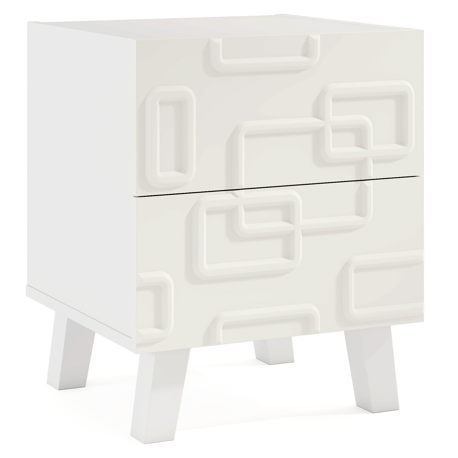 Modern Nightstand Side Table with Drawers and 3D Geometric Patterns, White Nightstands at Gallery Canada