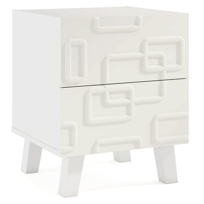 Modern Nightstand Side Table with Drawers and 3D Geometric Patterns, White Nightstands at Gallery Canada