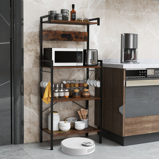 4-Tier Kitchen Bakers Rack, With Power Outlet And 8 Hooks, Rustic Brown Baker's Racks Rustic Brown at Gallery Canada