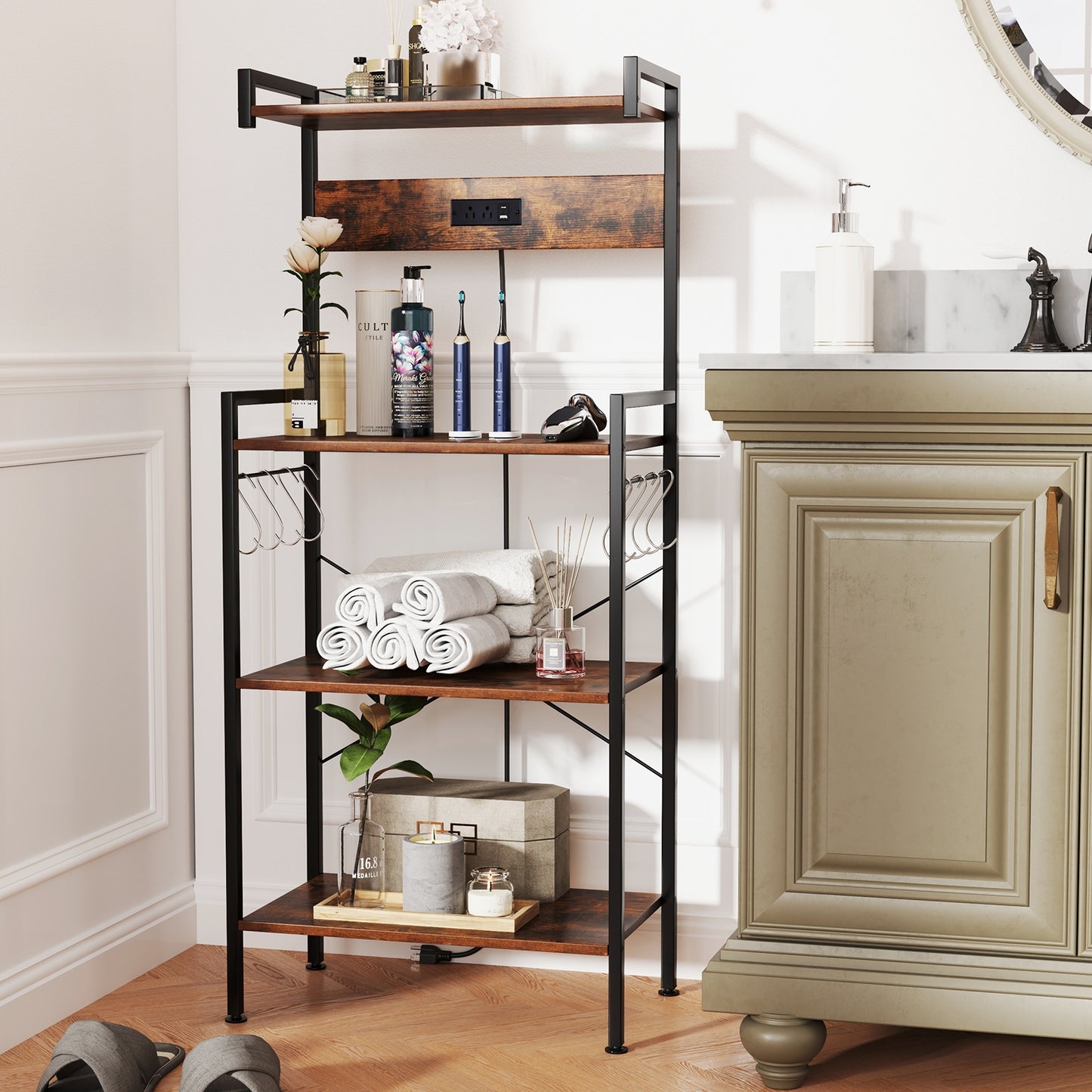 4-Tier Kitchen Bakers Rack with Power Outlet and 8 Hooks, Rustic Brown Baker's Racks at Gallery Canada