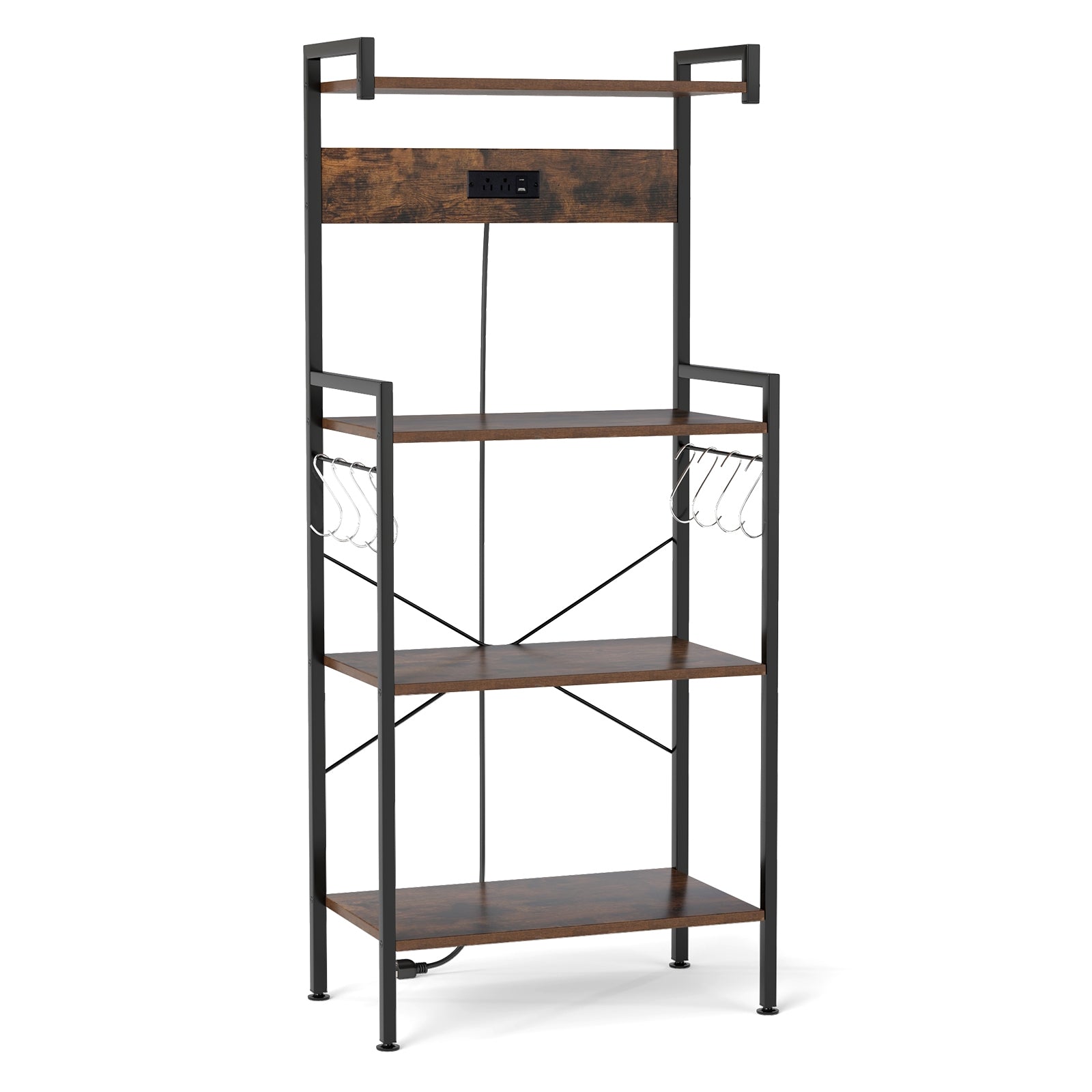 4-Tier Kitchen Bakers Rack, With Power Outlet And 8 Hooks, Rustic Brown Baker's Racks Rustic Brown at Gallery Canada