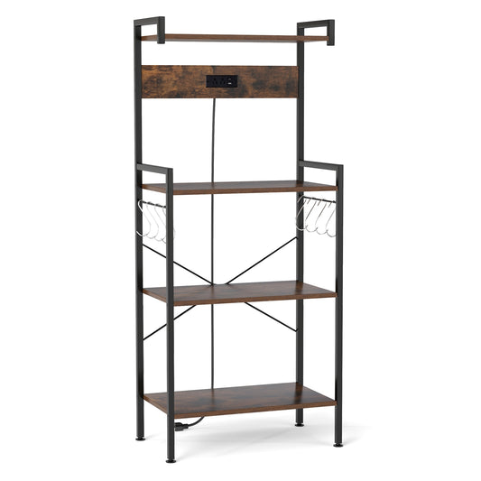 4-Tier Kitchen Bakers Rack, With Power Outlet And 8 Hooks, Rustic Brown Baker's Racks Rustic Brown at Gallery Canada