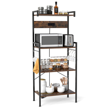 4-Tier Kitchen Bakers Rack with Power Outlet and 8 Hooks, Rustic Brown Baker's Racks at Gallery Canada