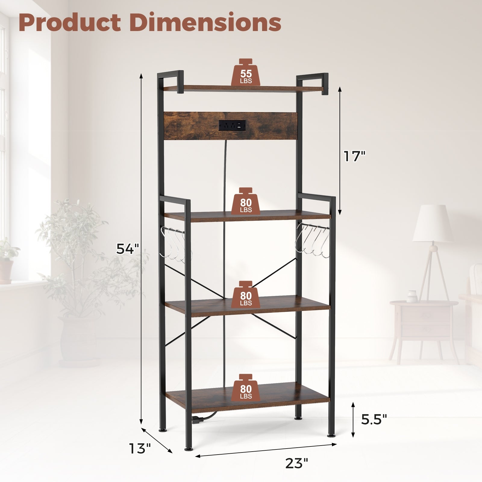 4-Tier Kitchen Bakers Rack with Power Outlet and 8 Hooks, Rustic Brown Baker's Racks at Gallery Canada